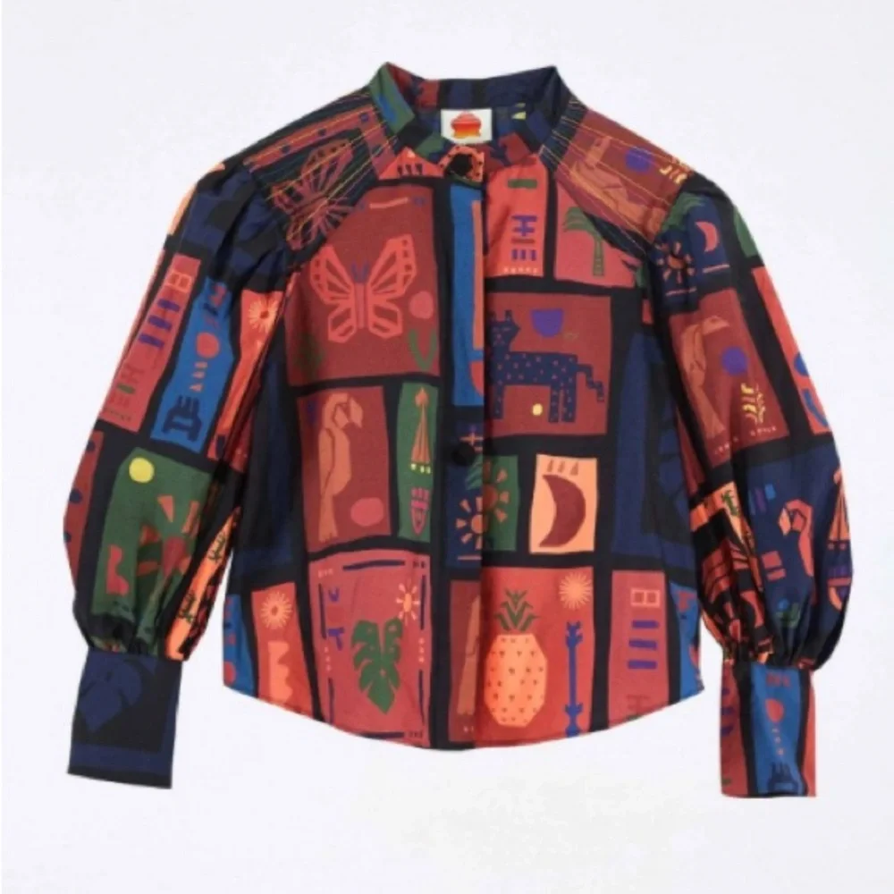 NEW FARM Rio Colorful Tropical Icons Blouse Puff Sleeves Cotton Bird Size S or M